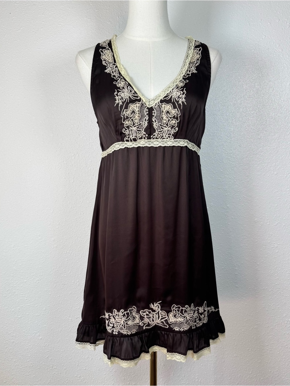 VTG Charlotte Russe Y2K Brown Satin Lace Slip Dress Coquette Fairycore Mini Med